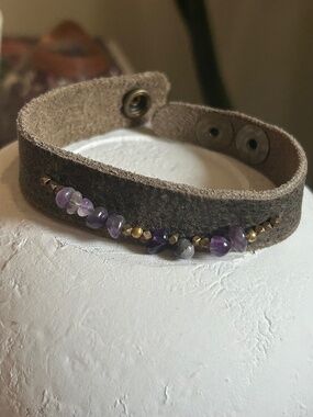 Handmade Recycled Grey Leather Bracelet Bronze Beads and Amethyst